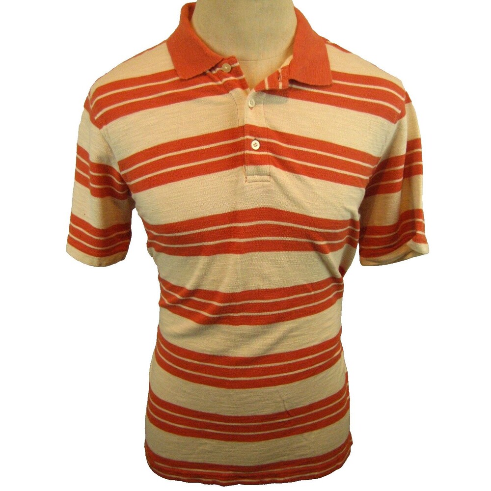 Mens Van Heusen Tan/Rust Stripe SS Cotton Golf Polo Casual Shirt sz Med